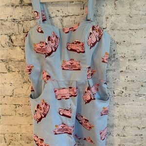 Light Blue Car-Print Romper Jumpsuit